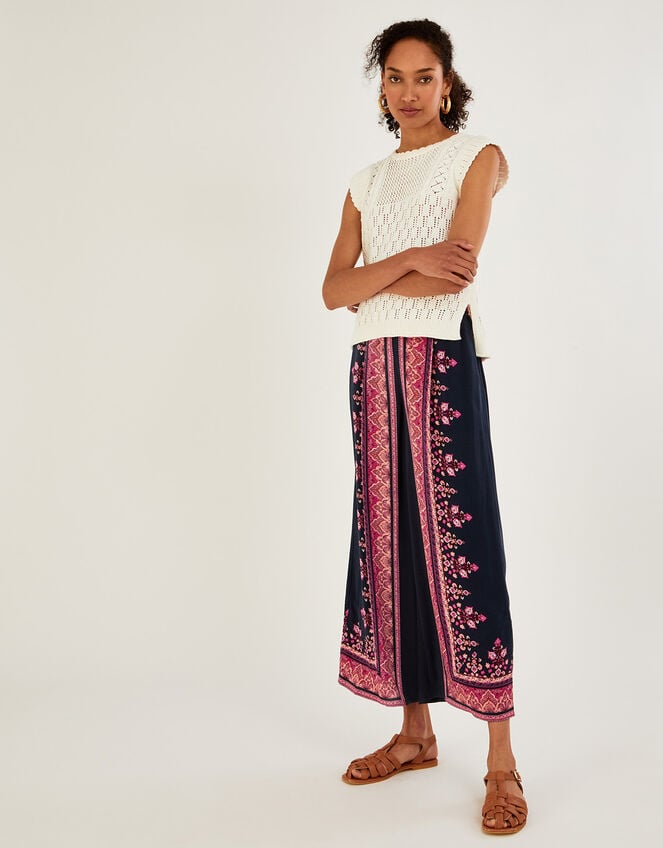 Placement Print Wide Leg Trousers, Blue (NAVY), large