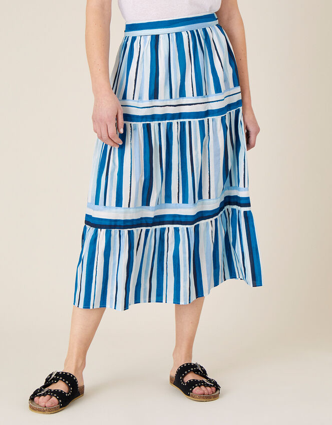Stripe Print Tiered Skirt, Blue (BLUE), large