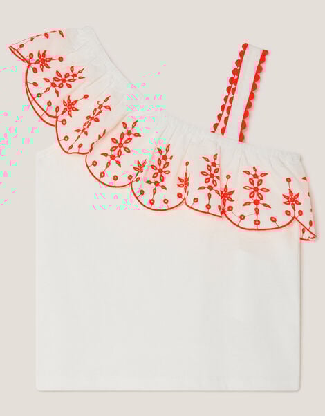 Embroidered Frill One Shoulder Top, Cream (CREAM), large