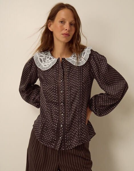 Shae Polka Dot Lace Top, Brown (CHOCOLATE), large