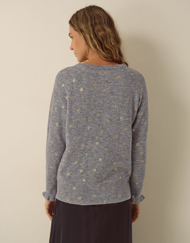 Fee Foil Bow Print Crew Neck Jumper, Grey (GREY), large