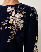 Fallon Floral Embroidered Velvet Mini Dress, Blue (NAVY), large