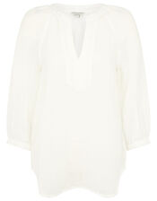 Long Sleeve Top in Linen Gauze, White (WHITE), large