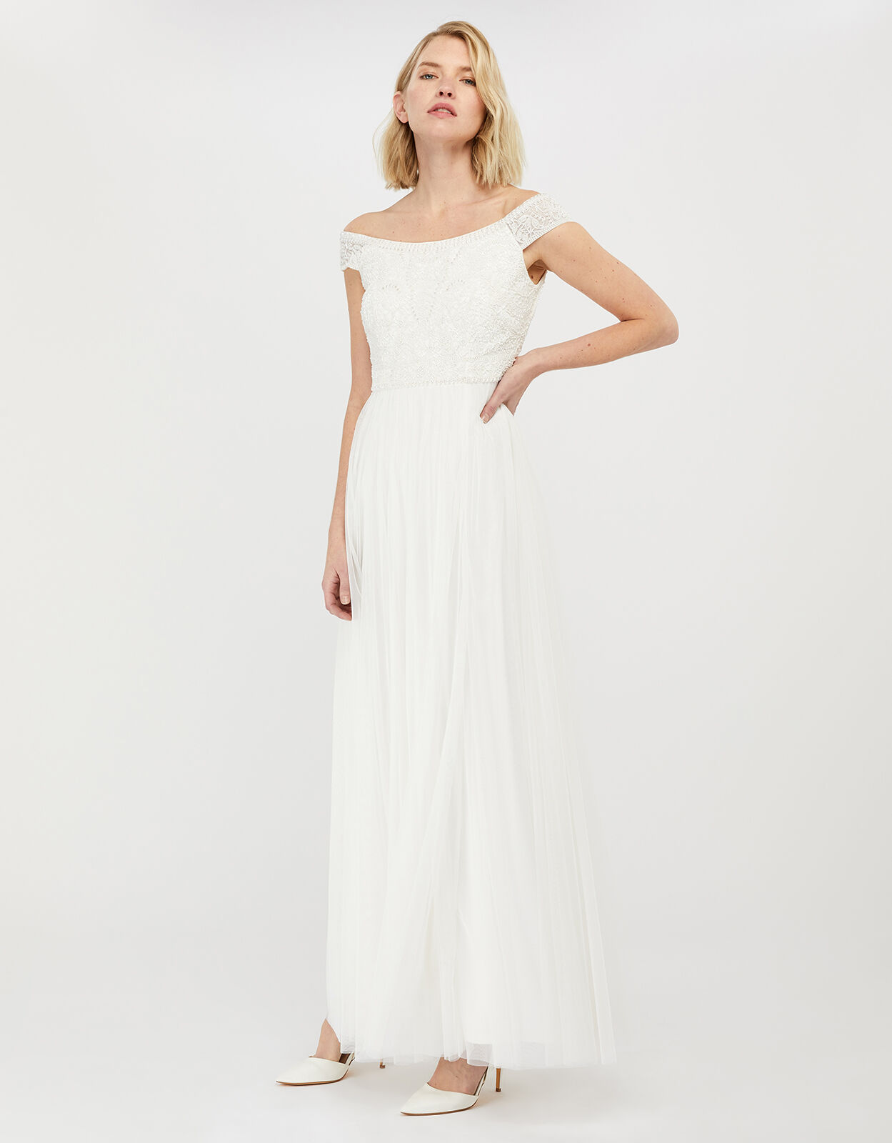 Emmeline Embellished Bardot Bridal Dress Ivory