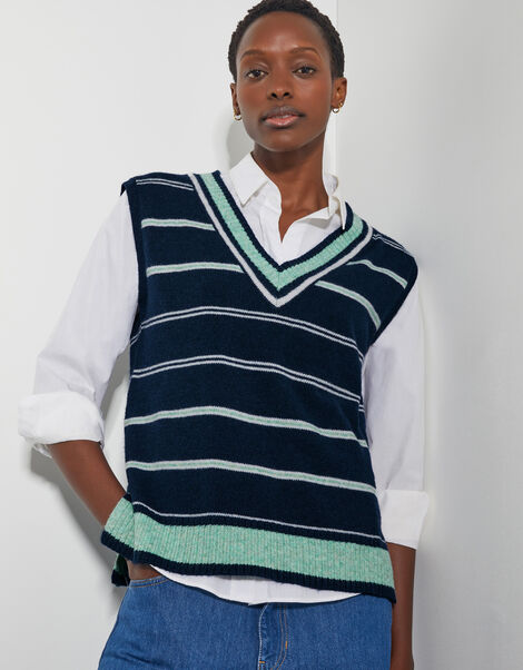 Shauna V-Neck Stripe Knitted Vest, Blue (NAVY), large
