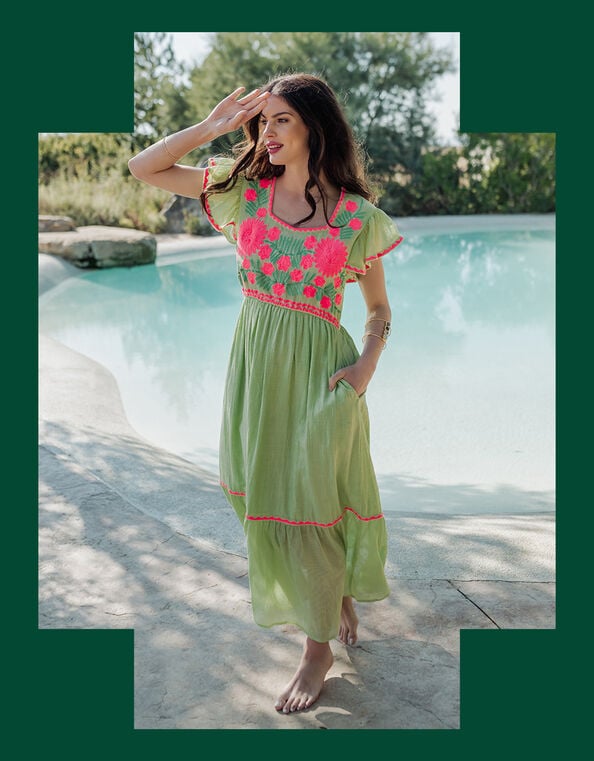 Piti Cuiti Floral Embroidered Maxi Dress, Green (GREEN), large