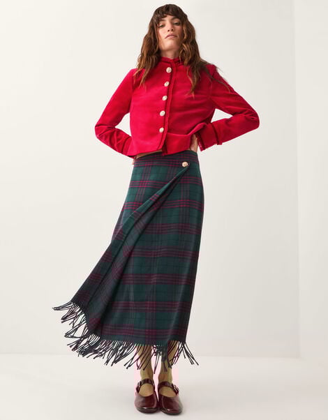 Monsoon x Sarah Corbett-Winder Tartan Fringe Midi Skirt, Teal (TEAL), large