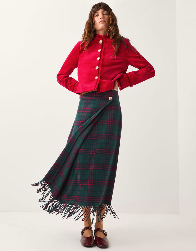 Monsoon x Sarah Corbett-Winder Tartan Fringe Midi Skirt, Teal (TEAL), large