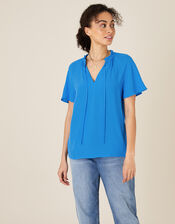 Tie Neck Short Sleeve Blouse, Blue (BLUE), large