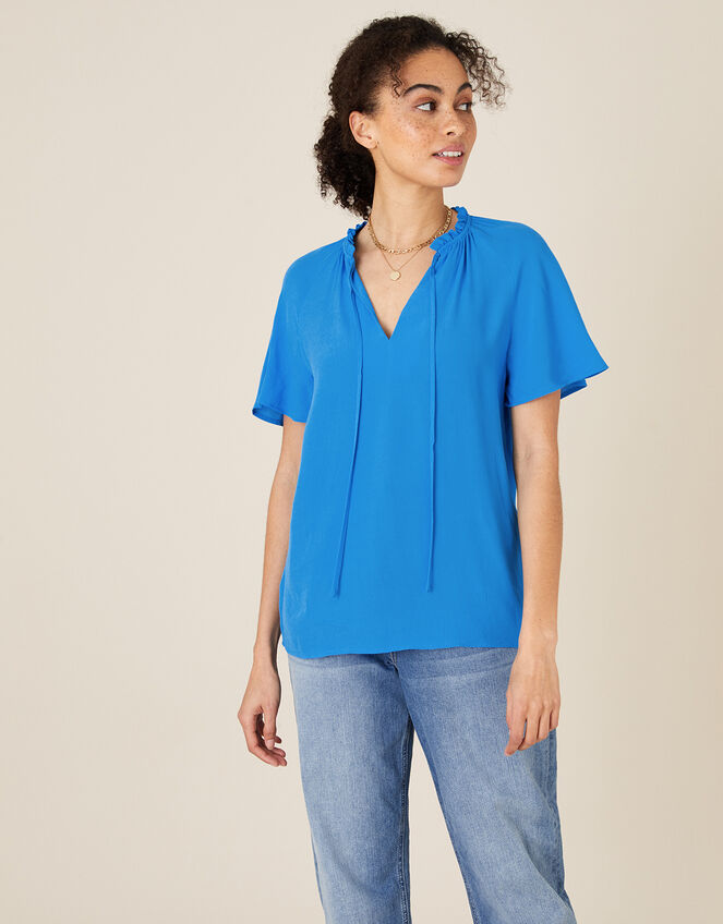 Tie Neck Short Sleeve Blouse, Blue (BLUE), large