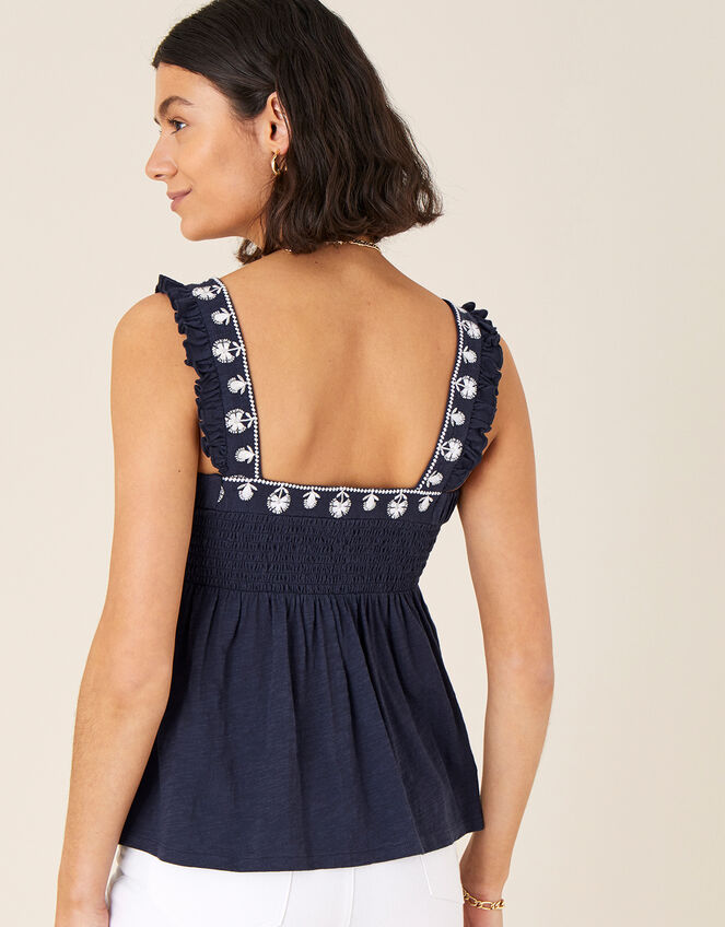 Simmi Floral Embroidered Shirred Top, Blue (NAVY), large