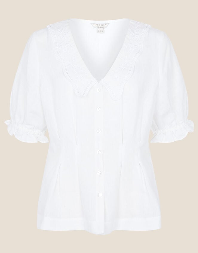 Embroidered Collar Puff Sleeve Blouse, White (WHITE), large