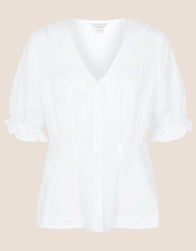 Embroidered Collar Puff Sleeve Blouse, White (WHITE), large