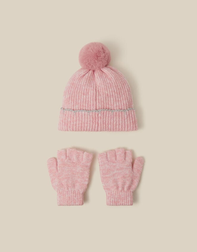 Scallop Beanie Hat & Fingerless Gloves Set, Pink (PINK), large