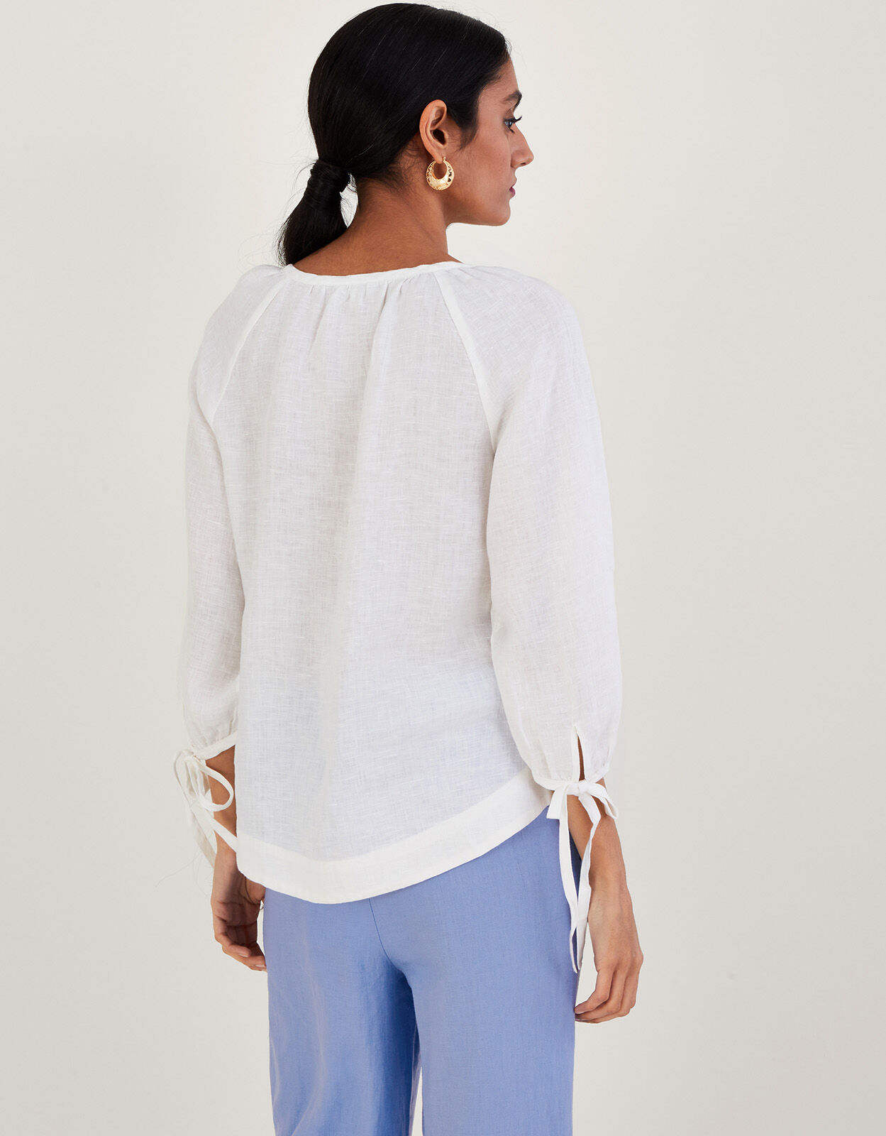 Tie Cuff Button Through Linen Blouse White Tops T shirts