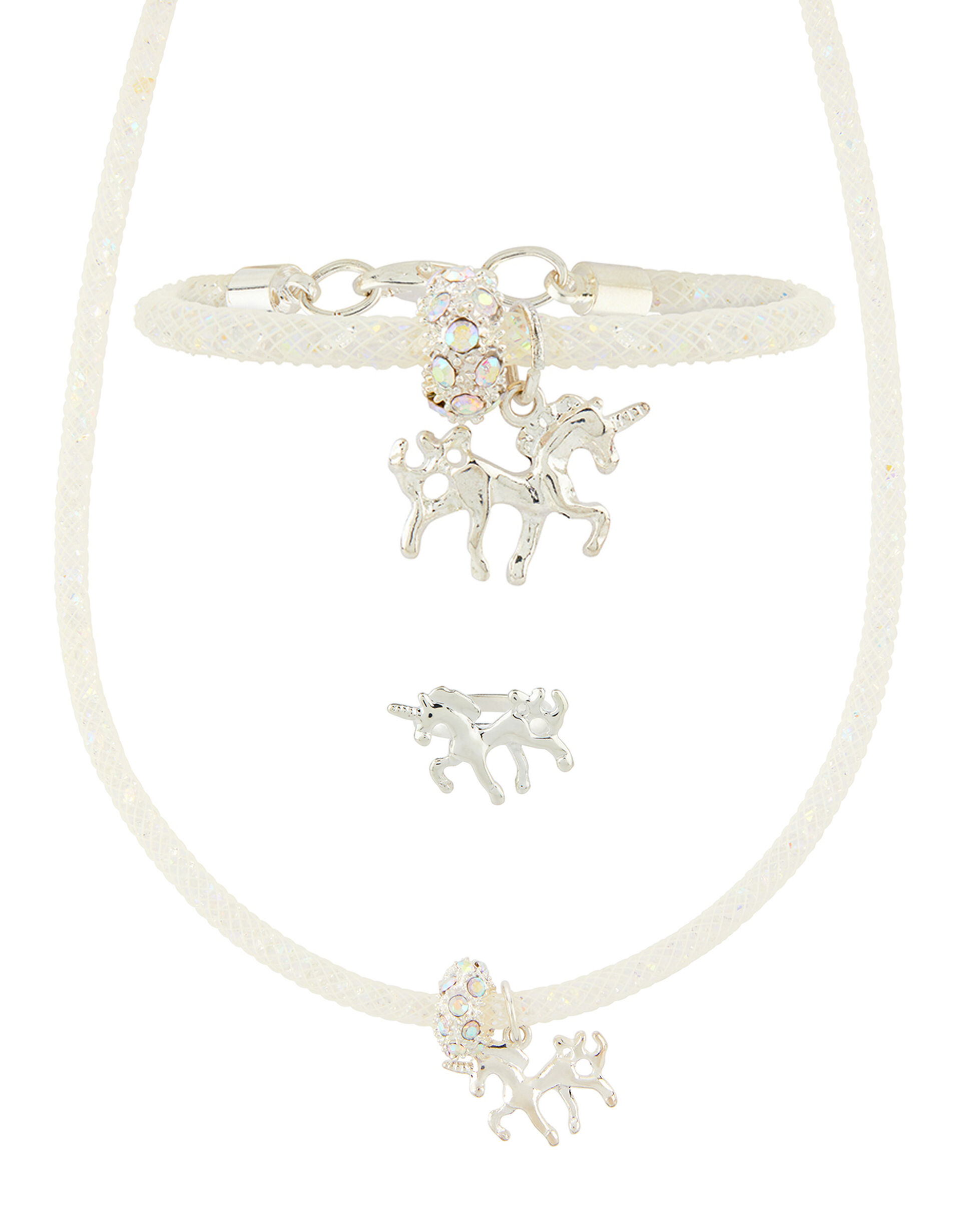 Sparkle Encased Unicorn Necklace, Bracelet And Ring Set, , large