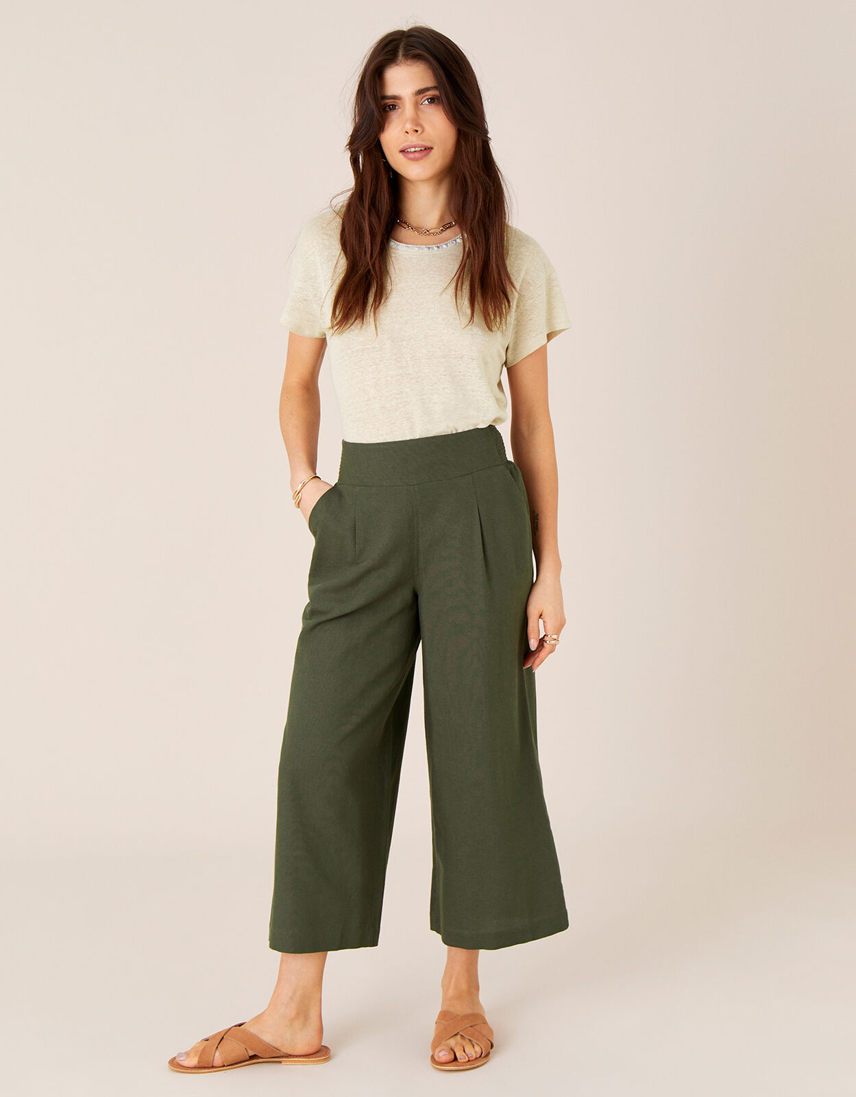 Khaki linen cropped trousers clearance