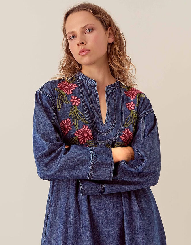 East Reyna Denim Embroidered Dress, Blue (INDIGO), large