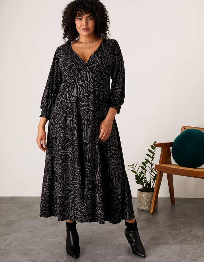 Mixed Animal Print Jersey Dress, Grey (CHARCOAL), large