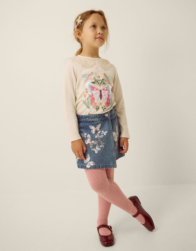 Butterfly Sequin Denim Skort, Blue (BLUE), large
