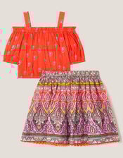 Floral Print Bardot Top & Skirt Set, Orange (ORANGE), large