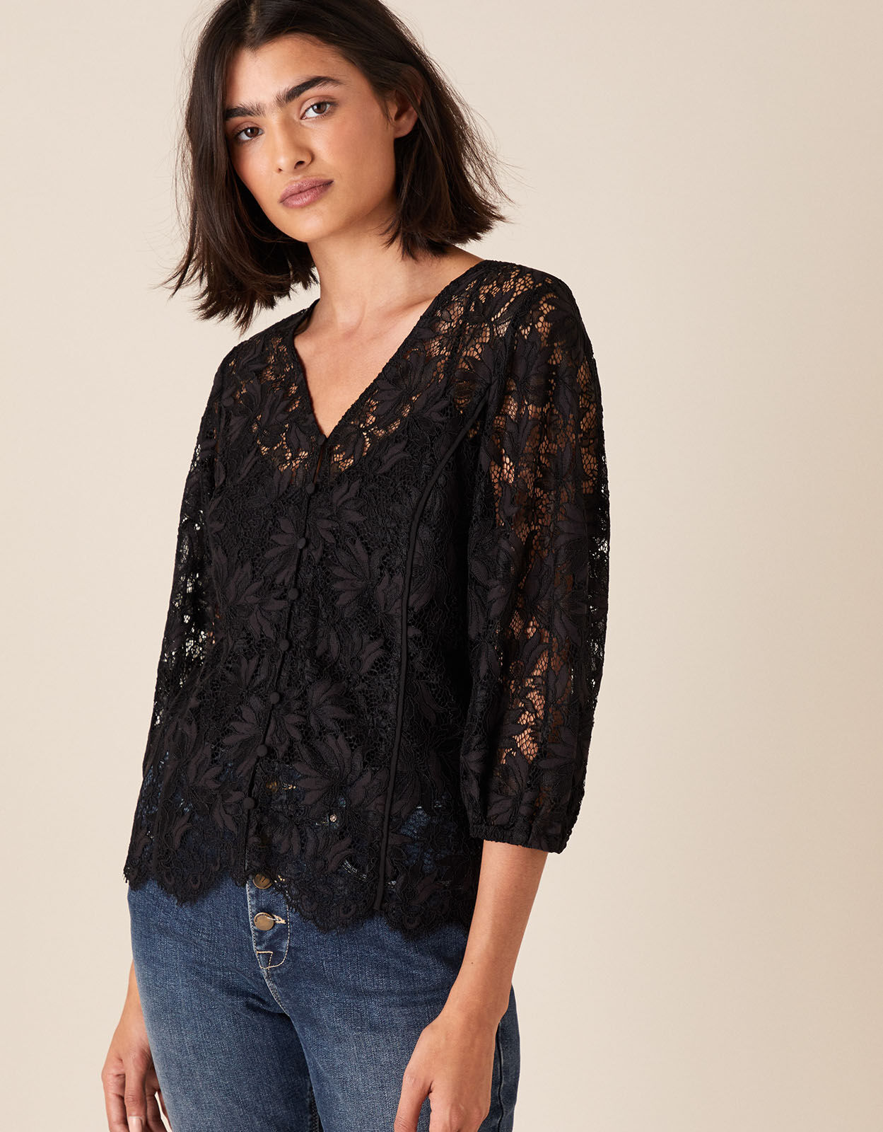 Floral Lace Button-Down Top Black 