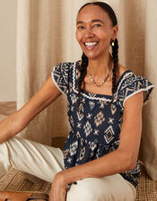 Square Neck Ikat Print Top in Sustainable Cotton, Blue (NAVY), large
