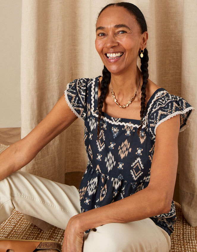 Square Neck Ikat Print Top in Sustainable Cotton, Blue (NAVY), large