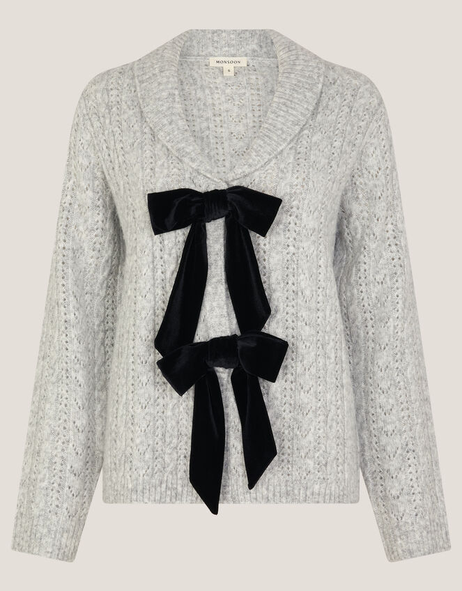 Bria Bow Cable Knit Cardigan, Grey (GREY), large