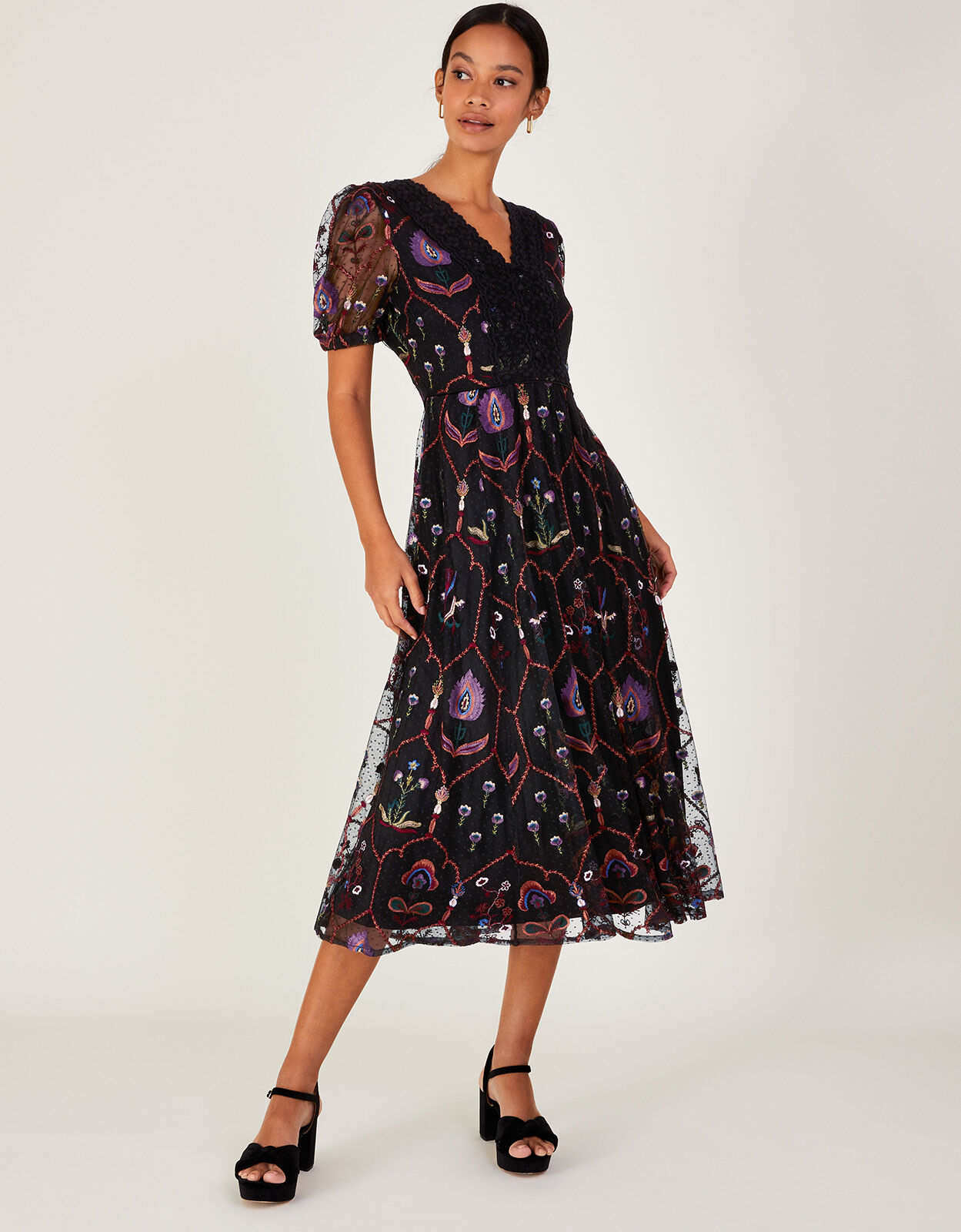 Fenn Embroidered Midi Dress in Recycled Polyester Black Monsoon