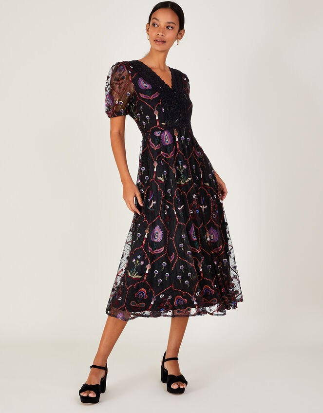 Fenn Embroidered Midi Dress in Recycled Polyester Black, Party Dresses