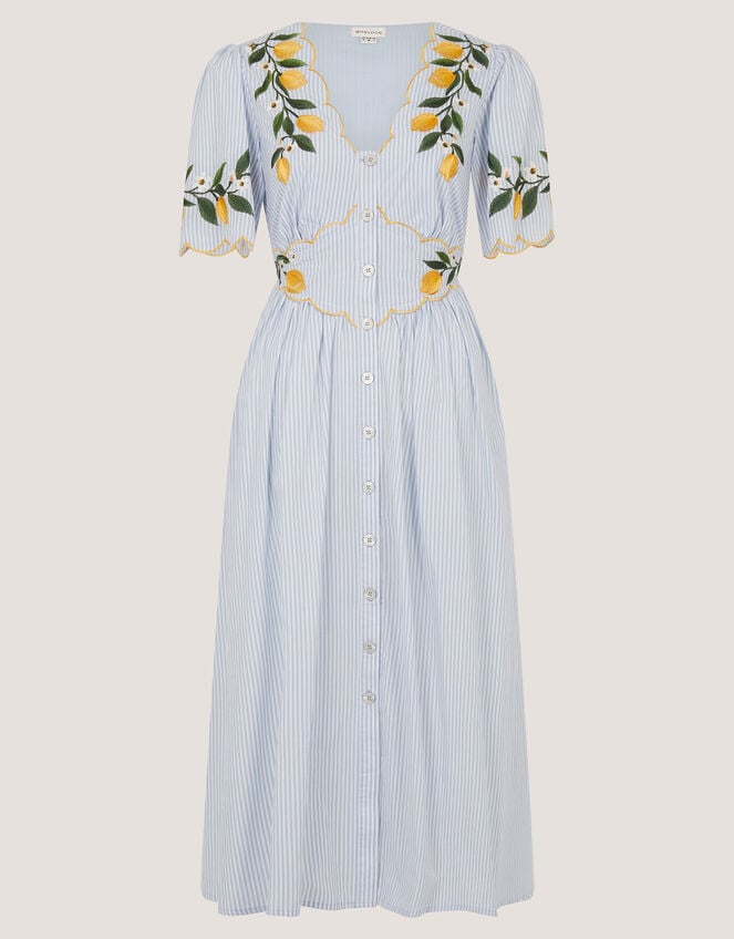 Marisol Lemon Embroidered Stripe Midi Dress, Blue (BLUE), large