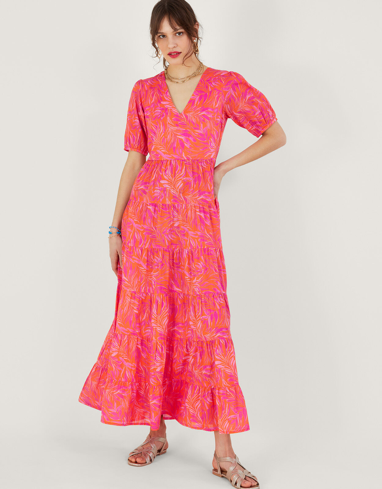 Tiered Leaf Print Maxi Dress Orange Day Dresses Monsoon Global