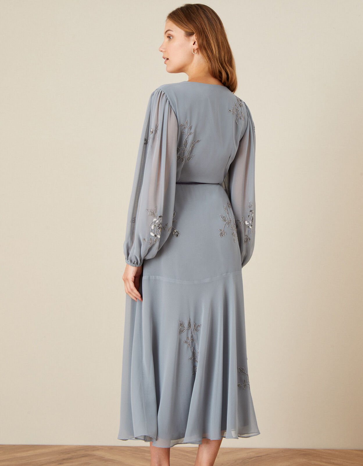 Gracie Embroidered Wrap Dress in Recycled Fabric Grey