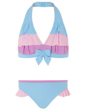 Colour-Block Frill Bikini Set, Blue (BLUE), large