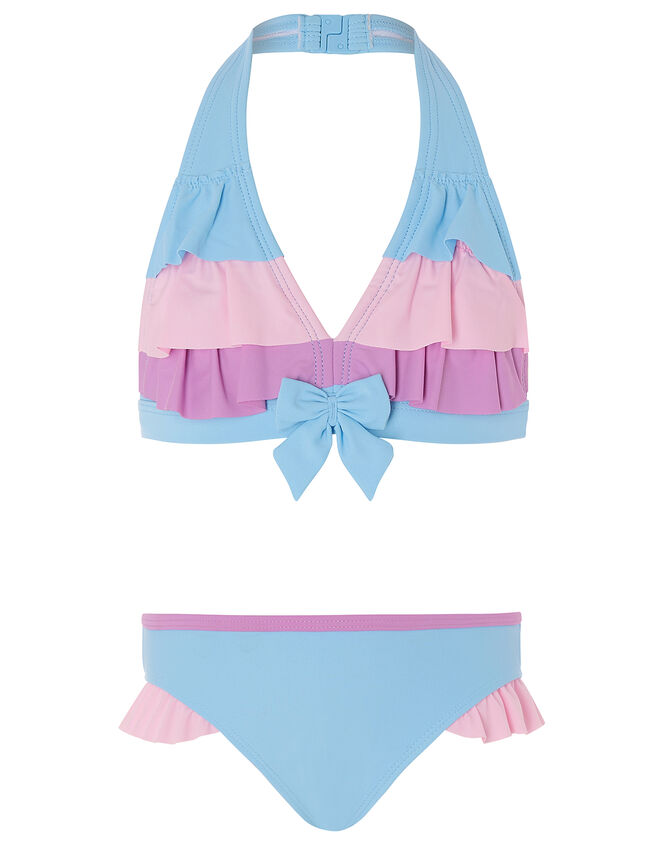 Colour-Block Frill Bikini Set, Blue (BLUE), large
