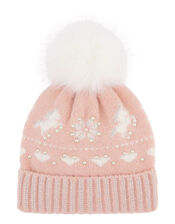 Charlotte Unicorn Fair Isle Beanie, Pink (PALE PINK), large