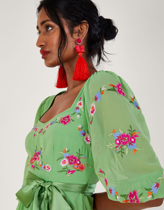 Emelia Floral Embroidered Dress in Recycled Polyester, Green (GREEN), large