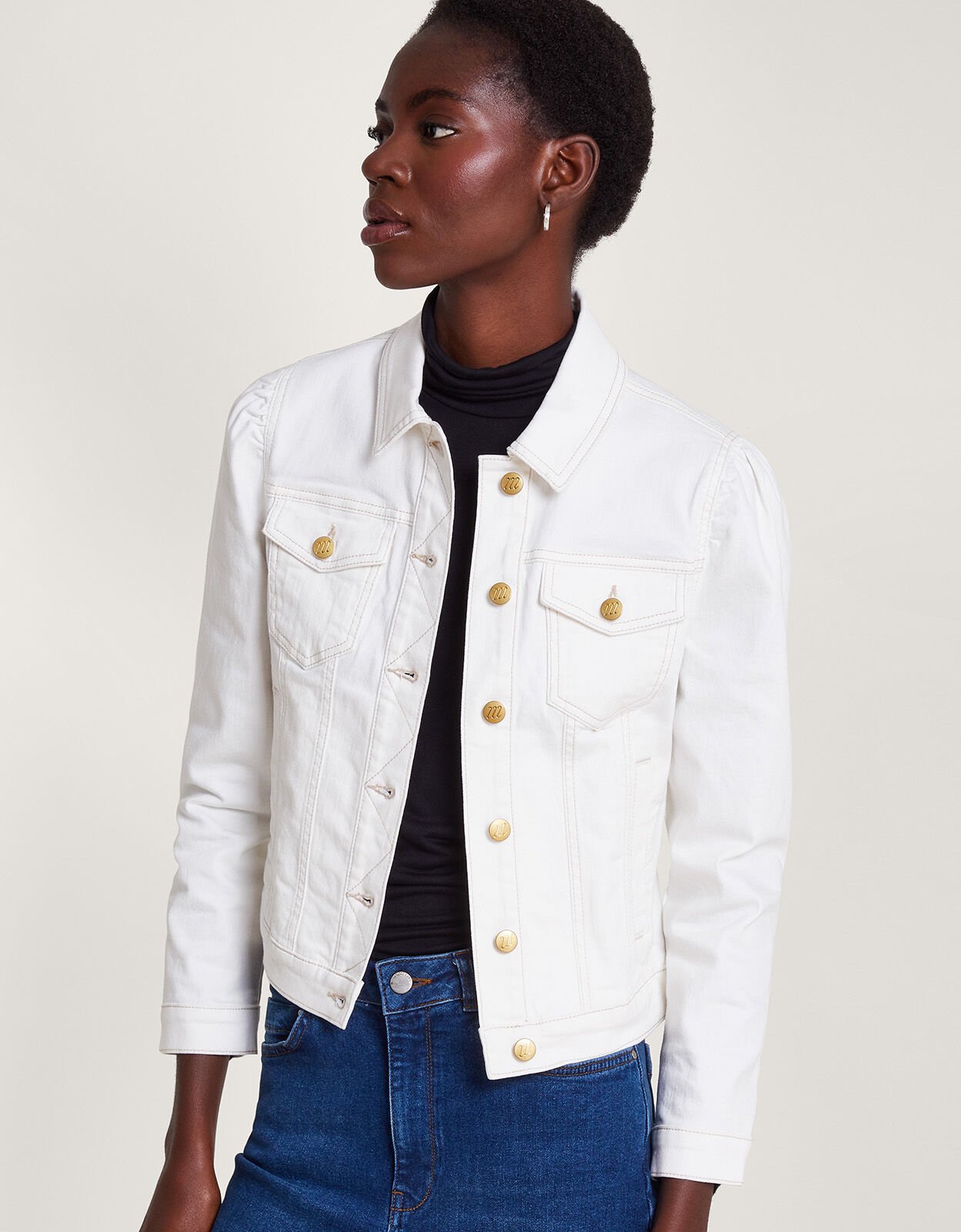Puff Sleeve Denim Jacket with Sustainable Cotton Natural