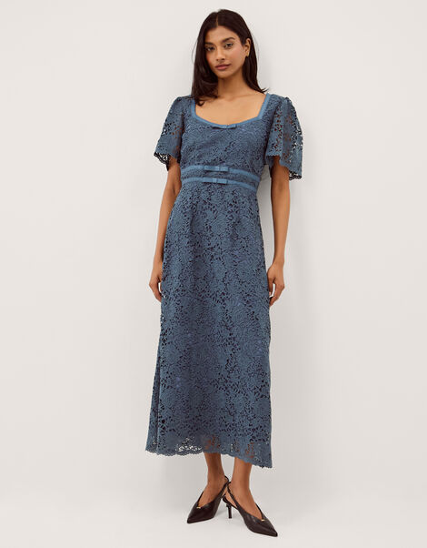 Regina Short Sleeve Lace Midi Dress, Blue (PETROL), large