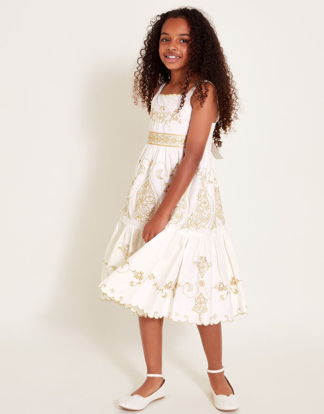 Gold Floral Embroidered Dress, Ivory (IVORY), large