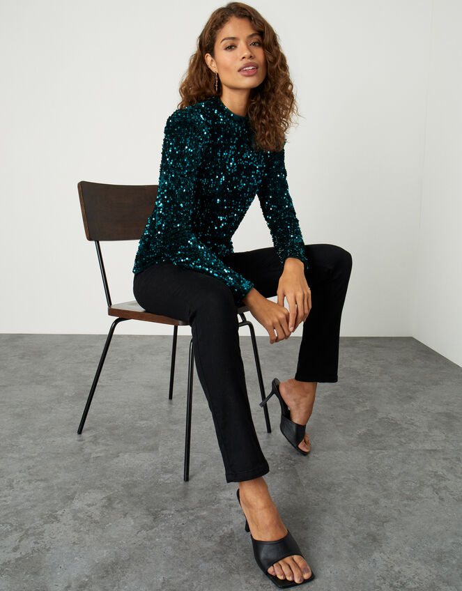 Cindy Sequin Long Sleeve Top, Green (GREEN), large