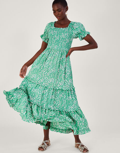 Gigi Print Bardot Maxi Dress in Sustainable Viscose, Green (GREEN), large
