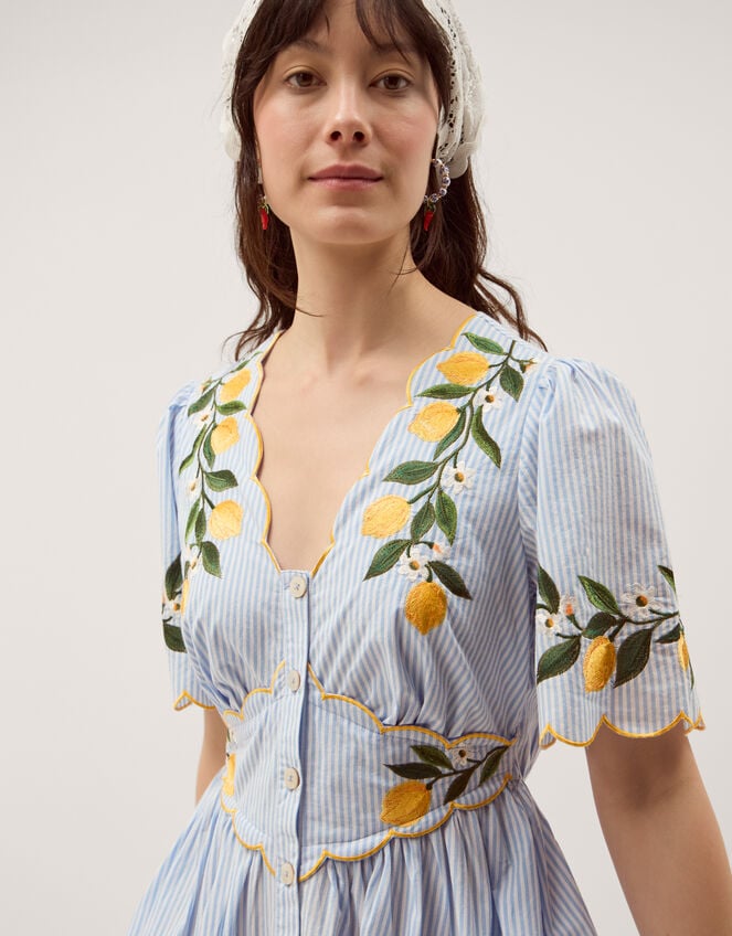 Marisol Lemon Embroidered Stripe Midi Dress, Blue (BLUE), large