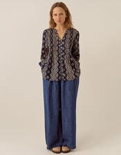 East Celine Printed Cotton Top, Blue (NAVY), large