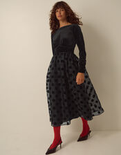 Viana Polka Dot Velvet Midi Dress, Black (BLACK), large