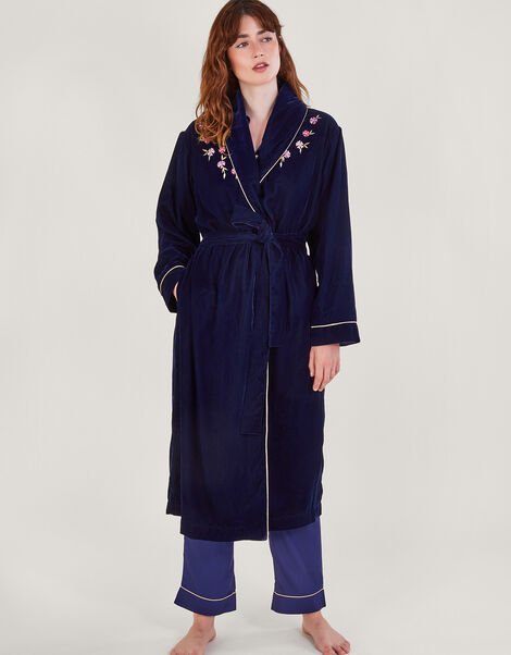 Pru Peacock Embroidered Dressing Gown, Blue (NAVY), large