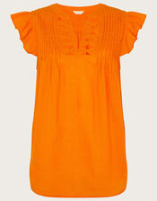 Flutter Sleeve Neck Detail Top in Linen Blend, Orange (ORANGE), large