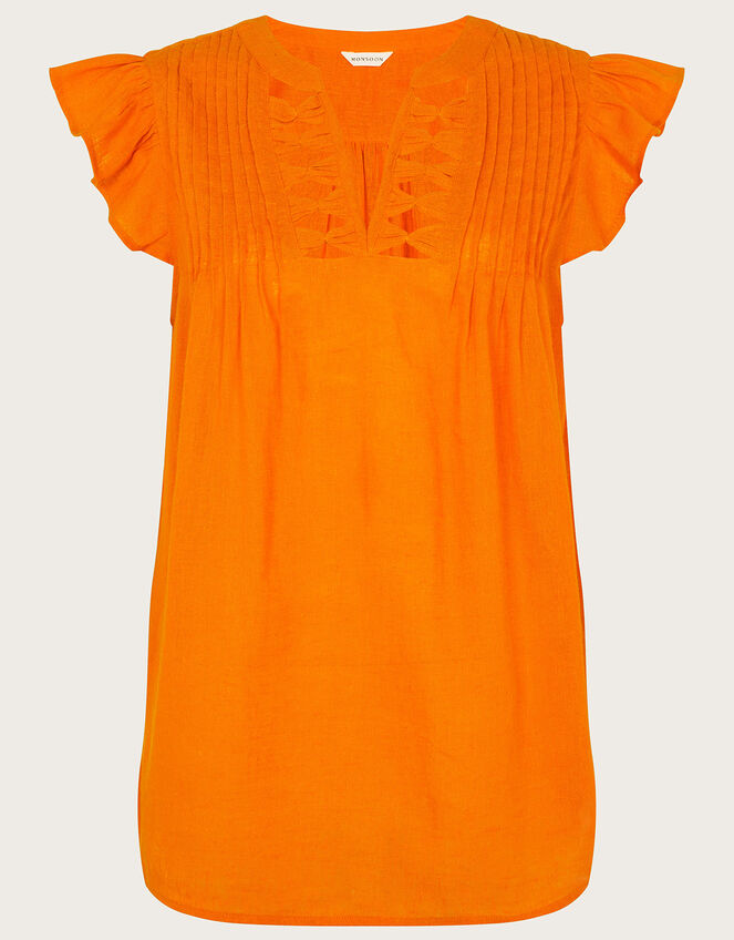 Flutter Sleeve Neck Detail Top in Linen Blend, Orange (ORANGE), large