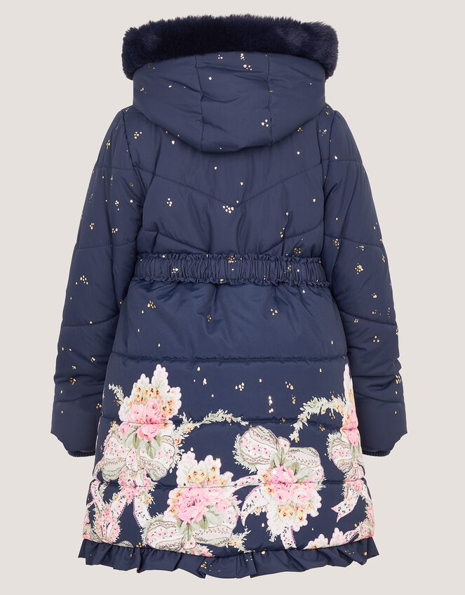 Aurora Floral Print Puffer Coat, Blue (NAVY), large